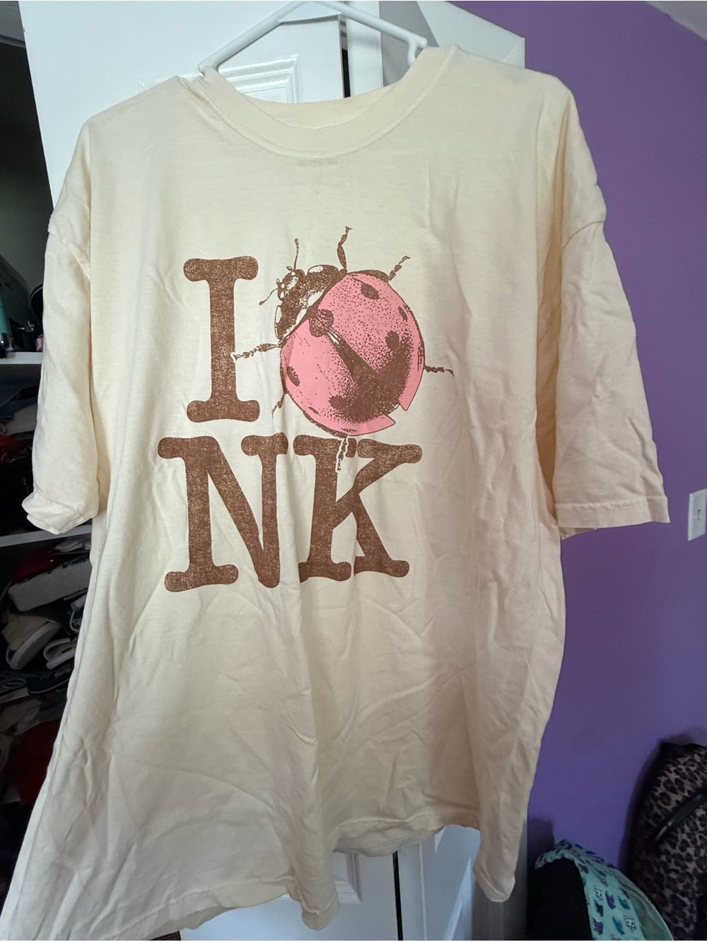 Cream Short Sleeve Tee with Pink Ladybug Graphic